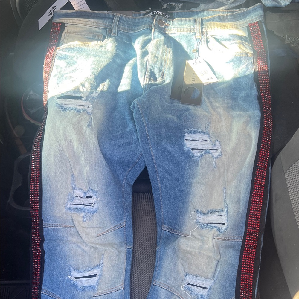Womens Distressed Blue Jeans with Red Accents